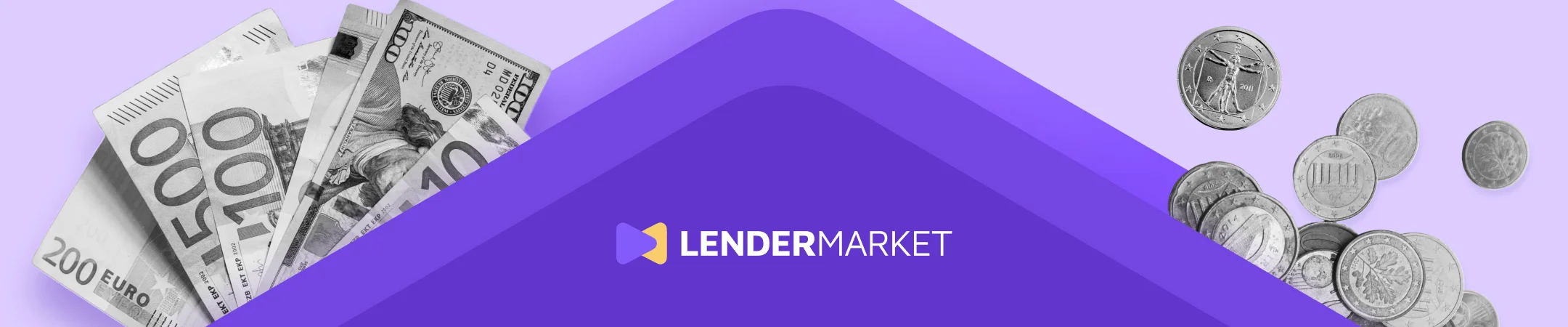 Bannière Lendermarket avec son logo, des pièces et billets en euros et dollars