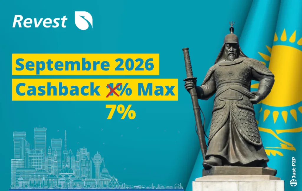 Vignette Revest annonçant jusqu'à 7% de cashback en septembre 2026, devant une statue de guerrier kazakh et le drapeau du Kazakhstan